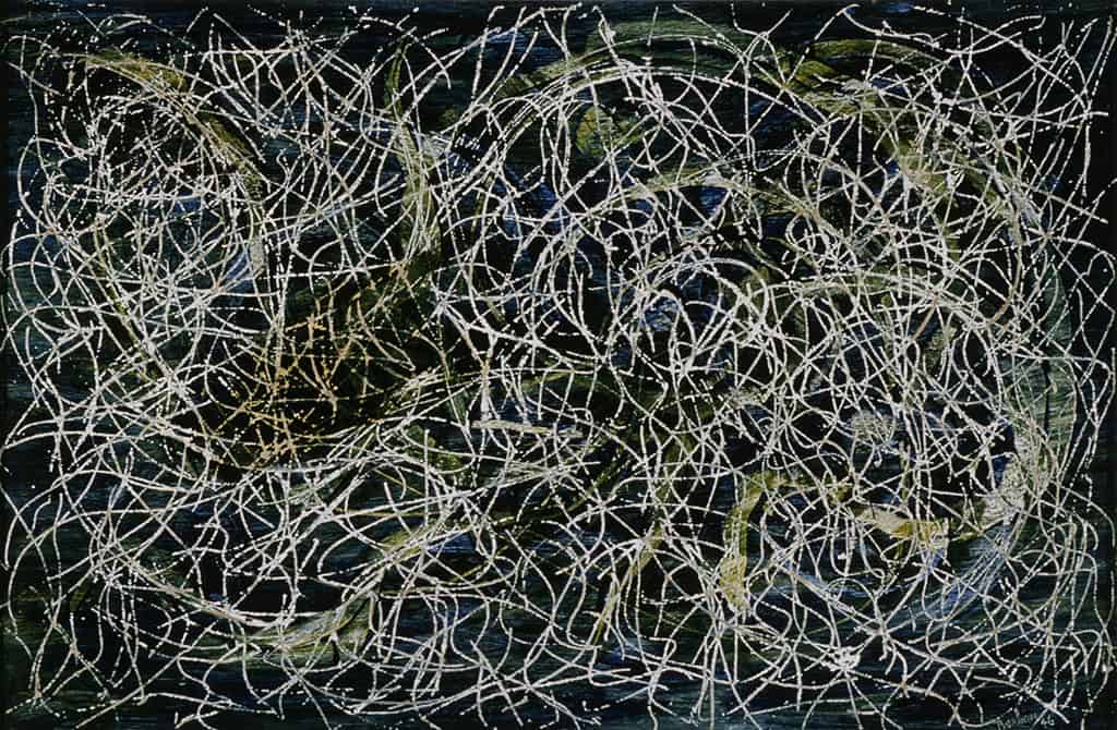 Author :Etchevery, Robert   Date : pas de date Marcel Barbeau, "Rosier feuilles", oil on board, 1946. A painting in the exhibition "The Automatiste Revolution: Montreal 1941-1960".